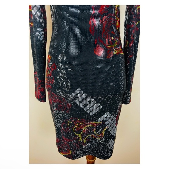 New! Rare PHILIPP PLEIN Logo Rhinestone Embellished Fire Rose Print Mini Dress - Picture 14 of 16